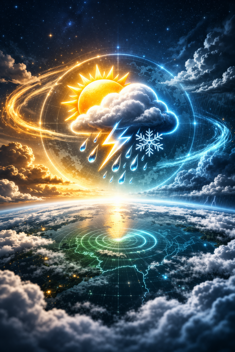 InstaMeteo Ein fantasievoller Himmel mit Sonne, Regen, Blitz und Schnee über einer Erde.