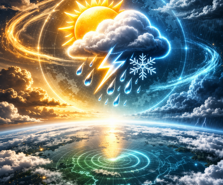 Ein fantasievoller Himmel mit Sonne, Regen, Blitz und Schnee über einer Erde.