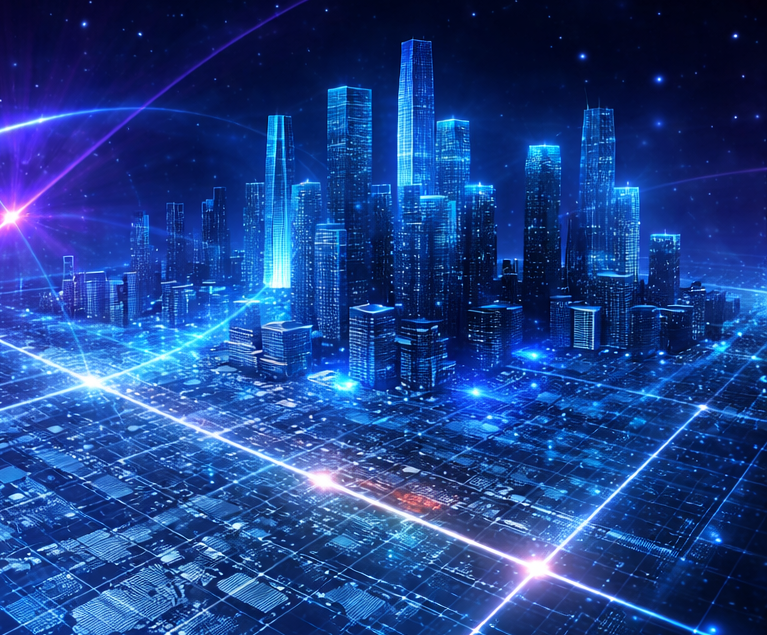 Futuristische Stadt mit leuchtenden Wolkenkratzern und digitalem Netzwerkmuster.