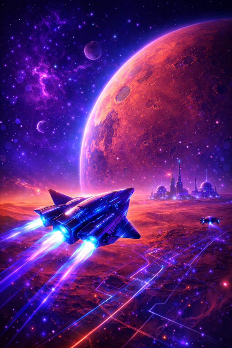 AviMars Futuristisches Raumschiff fliegt durch einen bunten Weltraum mit einem Planeten im Hintergrund.