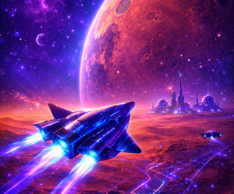 Futuristisches Raumschiff fliegt durch einen bunten Weltraum mit einem Planeten im Hintergrund.