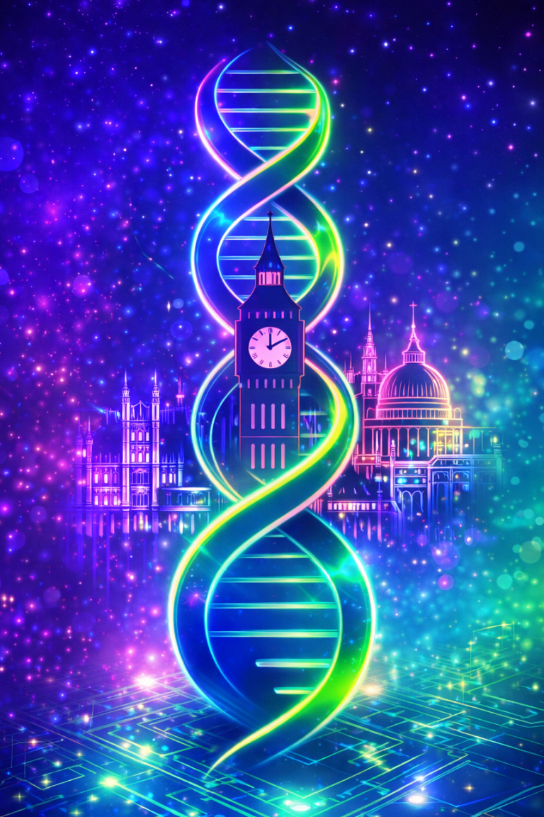 LondonBios Bunte DNA-Doppelhelix vor einer stilisierten Londoner Stadtsilhouette.