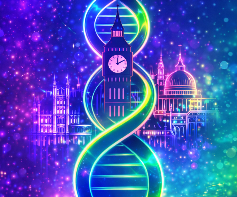 Bunte DNA-Doppelhelix vor einer stilisierten Londoner Stadtsilhouette.